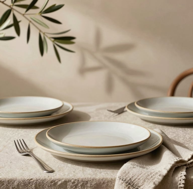 A beautifully styled table with ceramic plates and linen napkins, soft shadows of olive branches on a warm plaster wall.