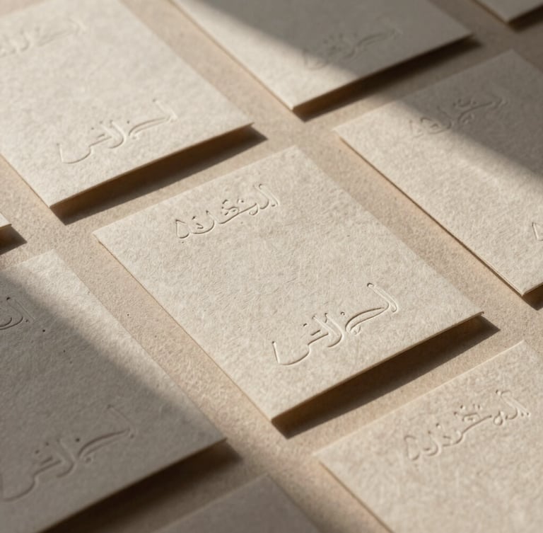 A cinematic, wide 21:9 frame of tactile brand collateral, textured linen paper packaging with elegant Arabic embossing, warm afternoon sunlight casting soft organic shadows across a neutral sand surface.