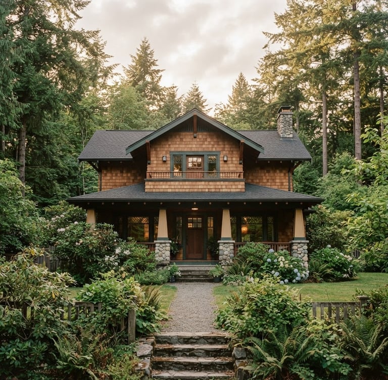 Wide environmental shot of a classic Pacific Northwest craftsman home with clean cedar siding and a pristine roofline, soft overcast daylight, filtered golden hour through pines, 35mm film style