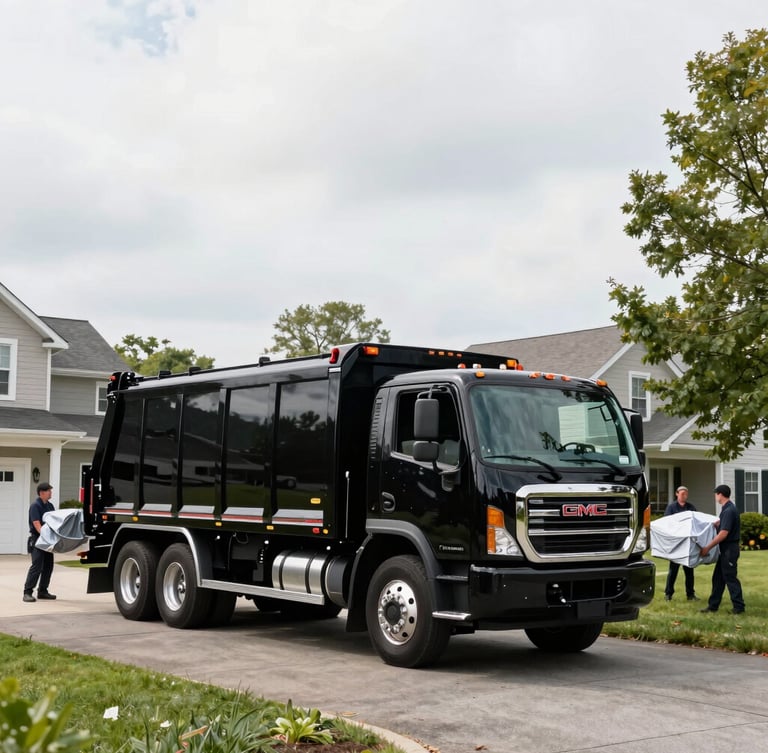 A gleaming, freshly washed black GMG cleanout truck parked on a pristine residential driveway in the Hudson Valley. Bright morning daylight, clean overcast sky. Uniformed crew members carefully carrying items wrapped in moving blankets in the background. Wide environmental shot showing property scale.