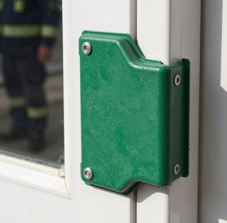 Close-up of a heavy-duty green corner guard attached to a white door frame, with a blurred uniformed worker in the background, crisp natural light.