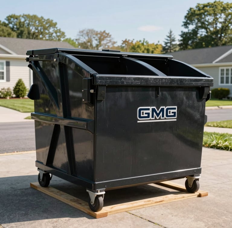 A gleaming, freshly washed black GMG dumpster sitting perfectly positioned on protective wooden planks on a pristine Peekskill driveway. Bright morning daylight, clean Hudson Valley sky, sharp focus on the property protection details.