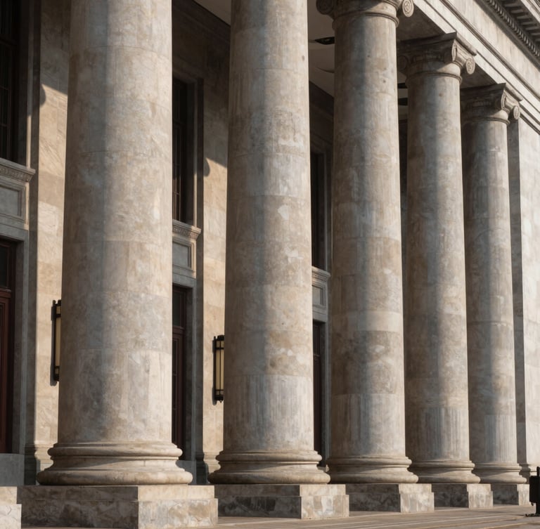Formal architectural crop of a sovereign financial institution in Jakarta, towering classical stone pillars, clean geometric lines, crisp morning sunlight casting deep shadows, authoritative and institutional atmosphere.