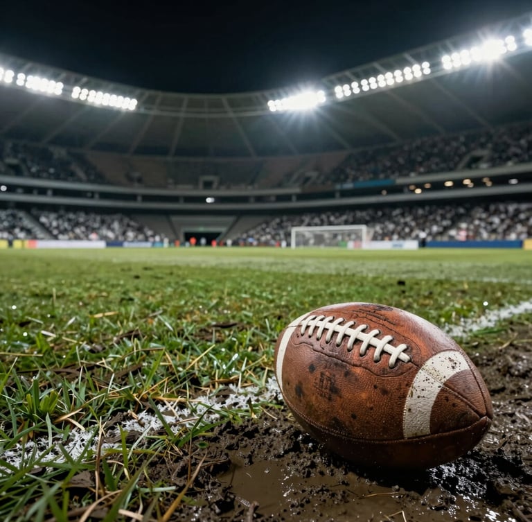 Low-angle dynamic shot of a muddy football pitch in Porto Alegre under dramatic stadium floodlights, a worn leather ball in the foreground, intense shadows, gritty texture.