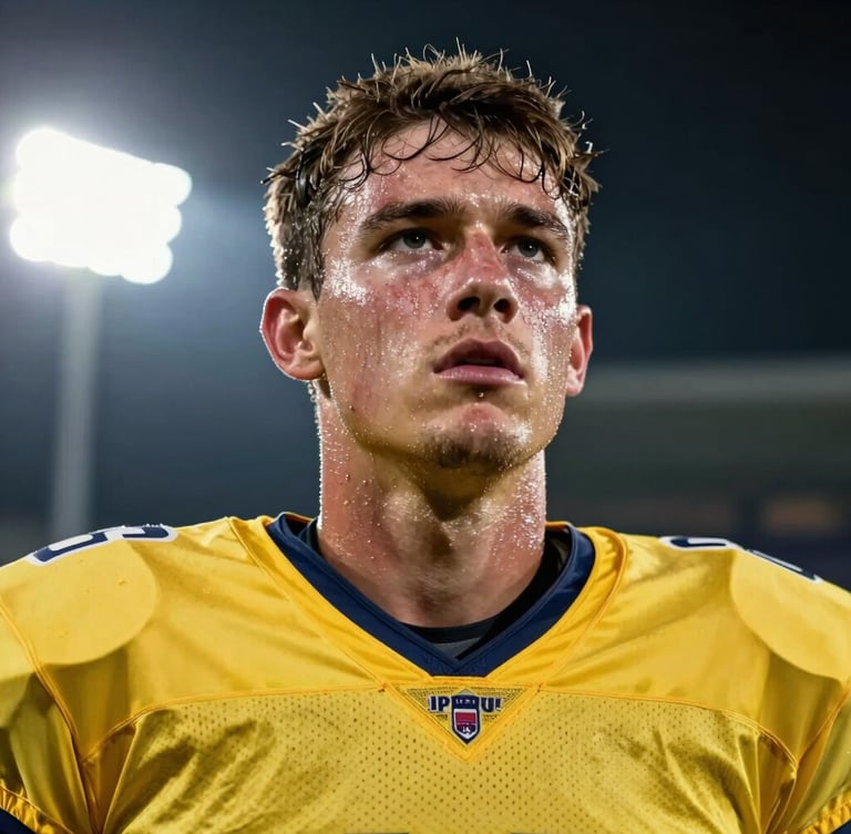 Low-angle heroic shot of a young football player in a yellow jersey, sweat-streaked face of determination, dramatic stadium floodlights, high contrast shadows.