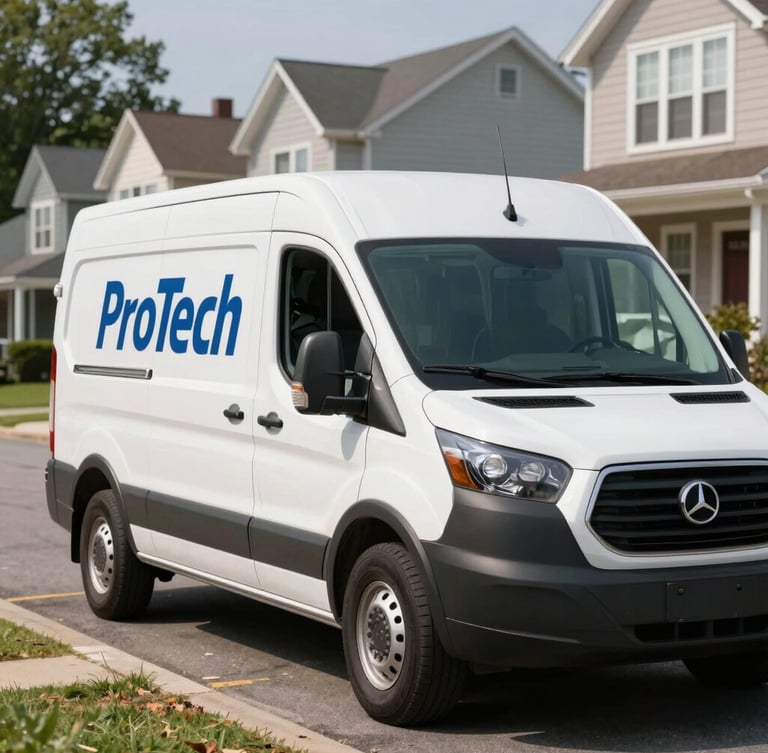 A clean, branded ProTech service van parked on a quiet suburban street in Pennsylvania, bright daylight, realistic setting