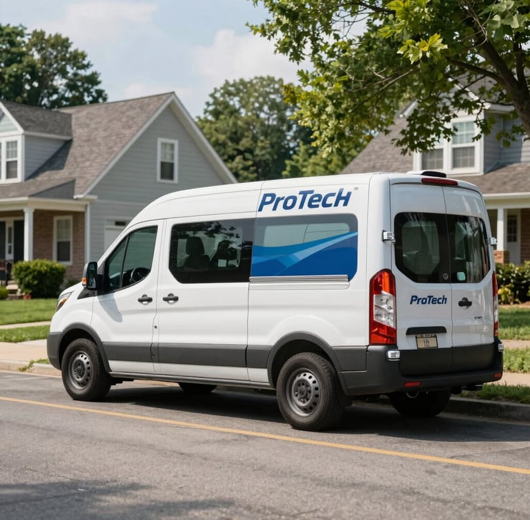 Wide environmental shot of a branded ProTech service van parked in a clean suburban Pennsylvania neighborhood, bright natural daylight.