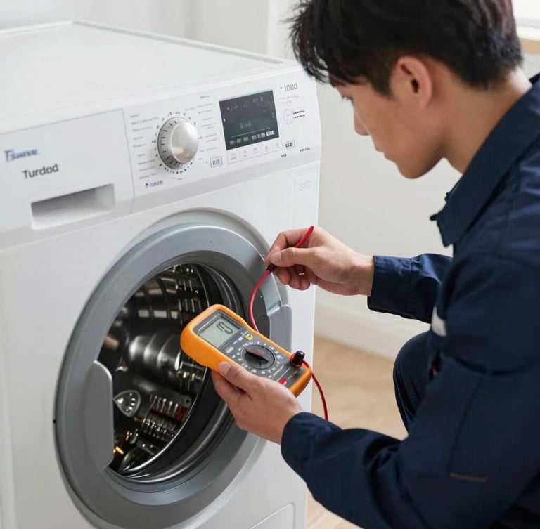 Medium close-up of a technician in a navy uniform testing the electrical control board of a modern front-load washing machine with a digital multimeter, bright clean natural lighting.