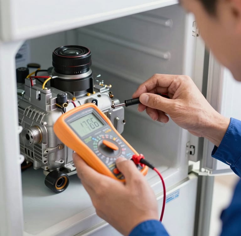 Medium close-up of a technician's hands testing a modern refrigerator compressor with a digital multimeter, bright clean natural lighting, focused on technical precision.