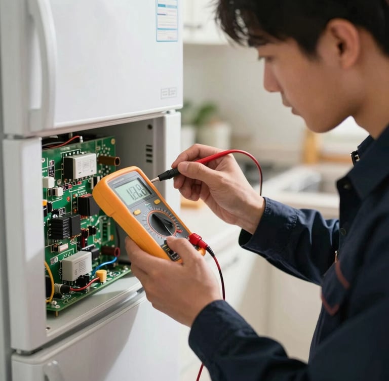 A close-up of a technician in a dark navy uniform using a digital multimeter to test a refrigerator control board, bright daylight, clean modern kitchen background.
