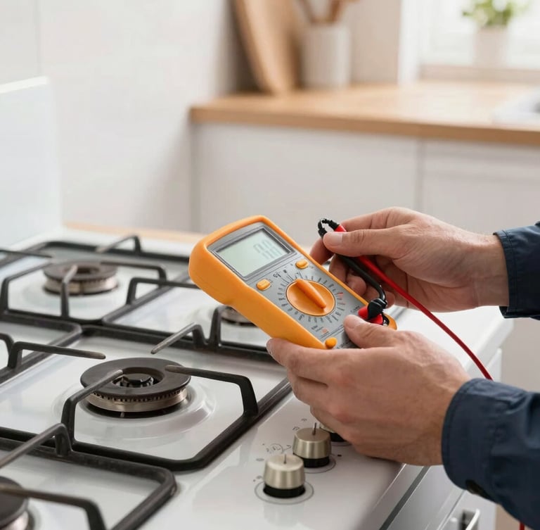 Medium close-up of hands-on technical work, a certified technician testing a gas range burner with a digital multimeter, bright natural kitchen lighting, clean modern home interior.