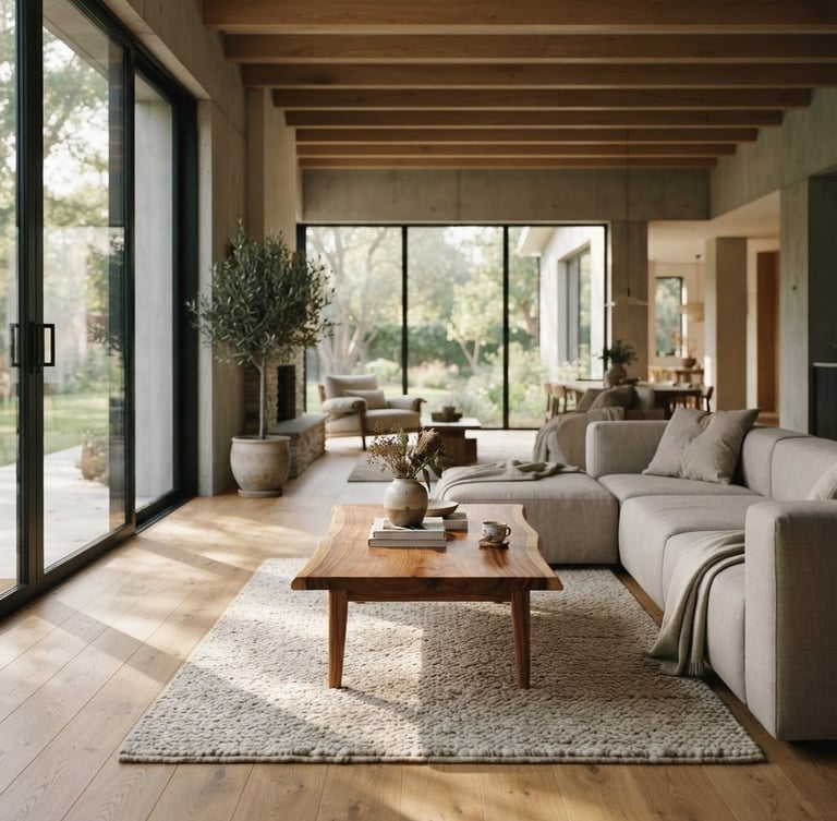 Wide panoramic view of a sun-dappled modern living room featuring a Swara Furniture solid wood coffee table and a minimalist sofa, soft diffused daylight, architectural composition, shallow depth of field, expansive space around the furniture, no people.
