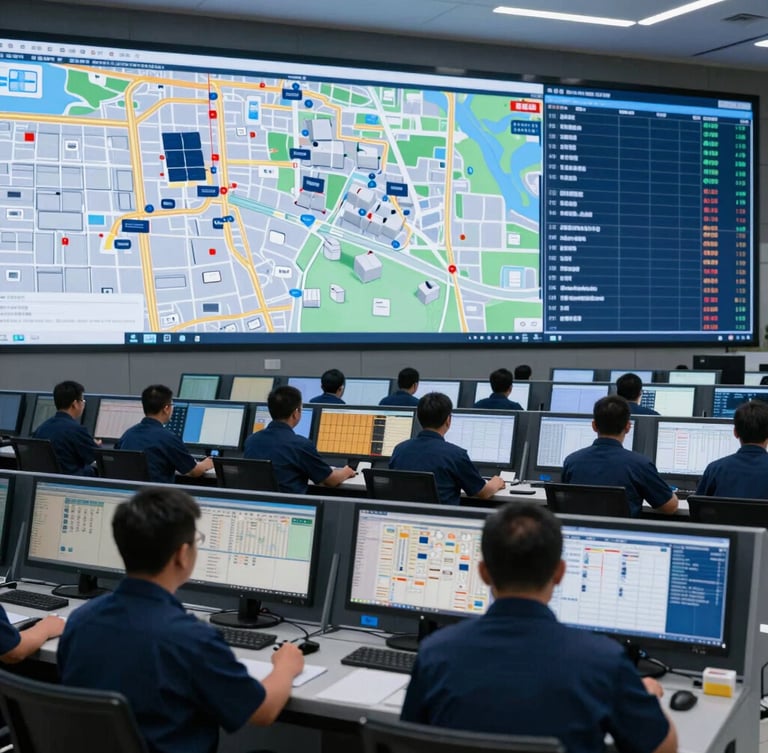 Interior of a high-tech logistics control center with multiple glowing screens displaying GPS tracking maps, professional operators in deep blue uniforms monitoring cargo, sharp technical grid
