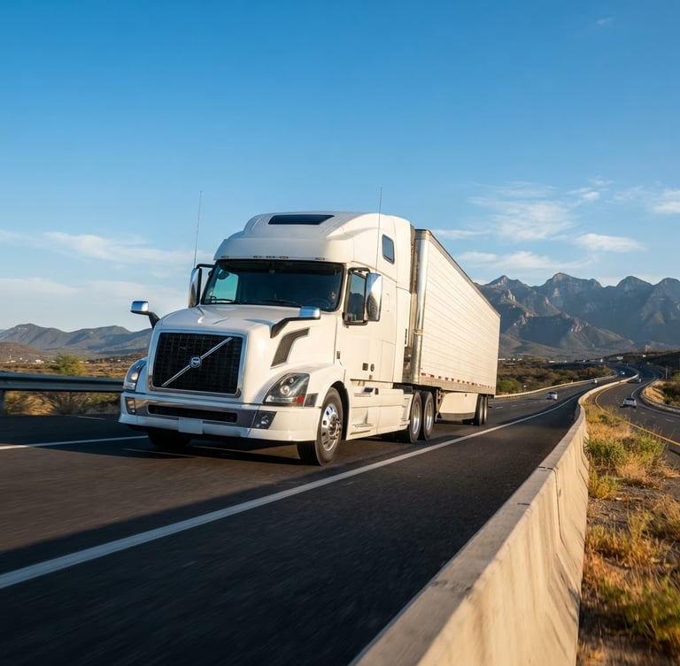 Heroic low-angle shot of a clean, modern white tractor-trailer on the high-speed highway between Guadalajara and Culiacan, crisp morning sunlight reflecting off metallic surfaces, technical vector route lines subtly overlaid, cinematic 21:9 feel.
