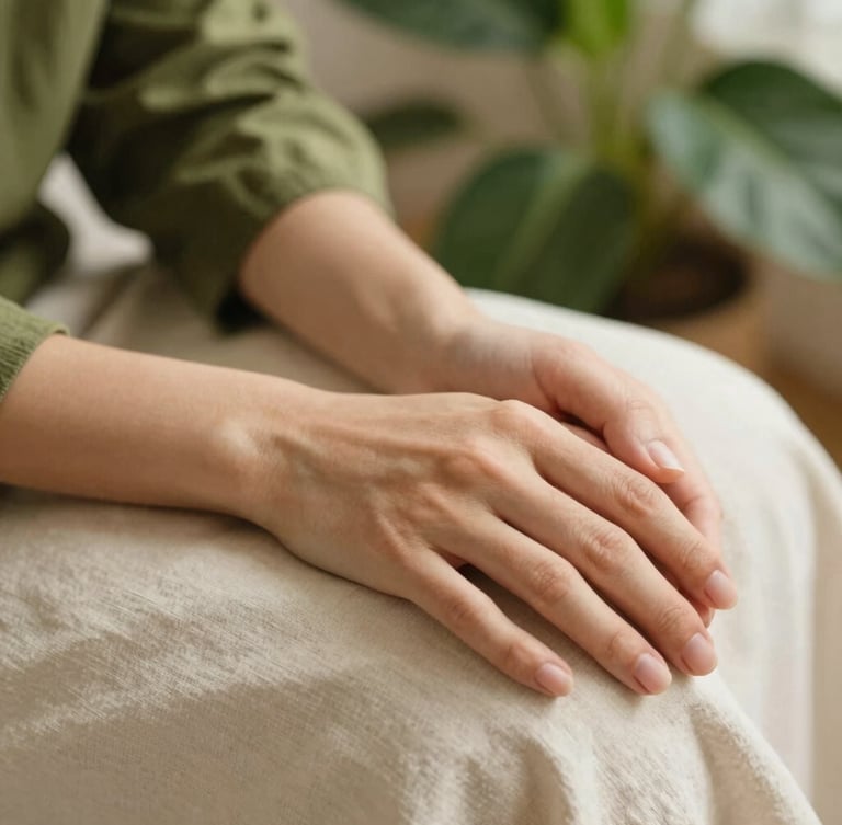 Medium close-up of hands resting gently on a soft linen fabric, warm indirect daylight, green indoor plants blurred in the background, warm editorial photography style, 35mm, shallow depth of field.