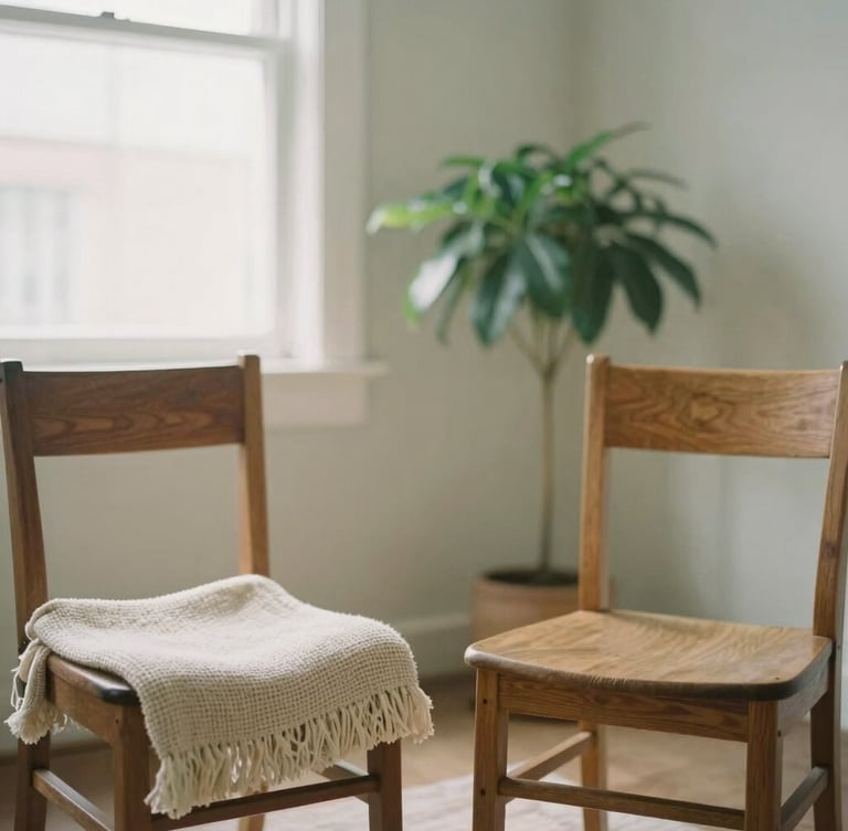 Medium portrait shot of a comfortable therapy space, two empty wooden chairs facing each other with a soft woven throw blanket, a green potted plant in the background, soft natural window light, muted sage and cream tones, shallow depth of field.