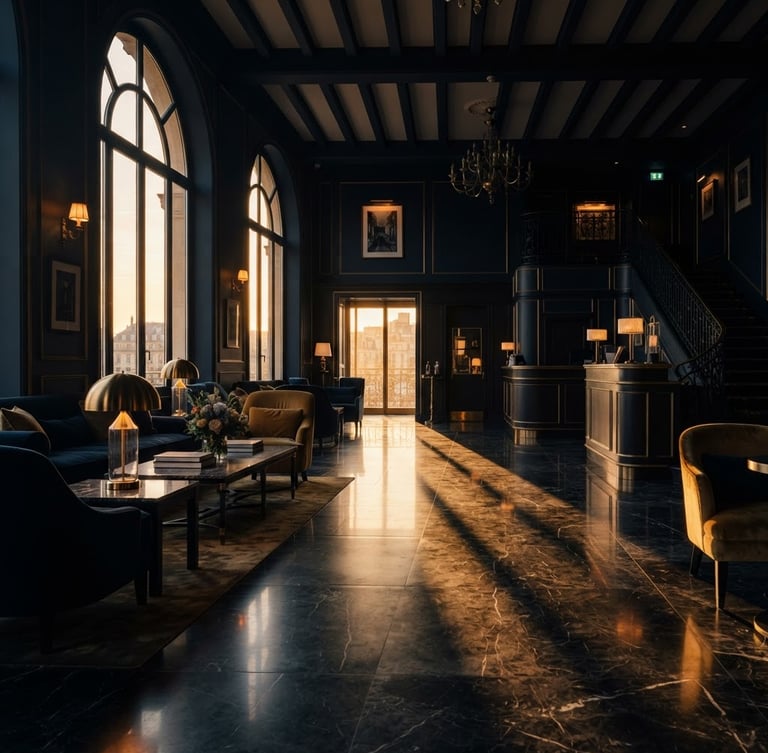 Cinematic low-key shot of an empty luxury boutique hotel lobby, golden hour window light reflecting off polished marble floors, deep navy shadows, 35mm.