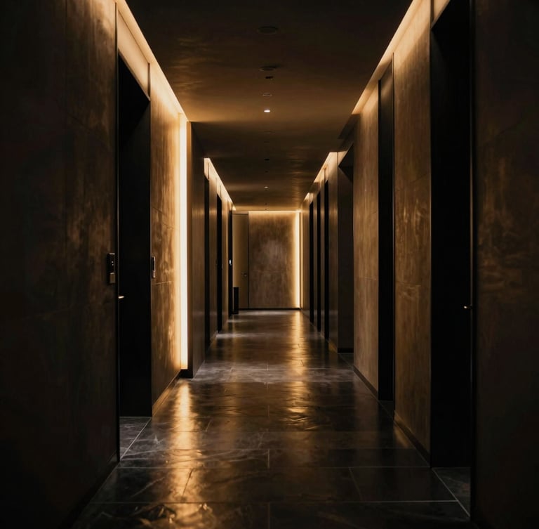 Cinematic dramatic low-key lighting shot of a modern luxury hotel corridor with warm gold light reflecting off polished dark stone floors, architectural lines leading the eye forward.