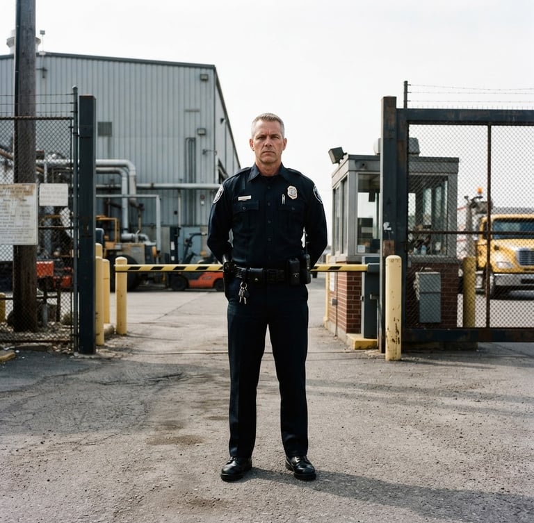 A disciplined security supervisor in a dark navy uniform standing at attention near an industrial gate, sharp daylight, high contrast, 35mm lens