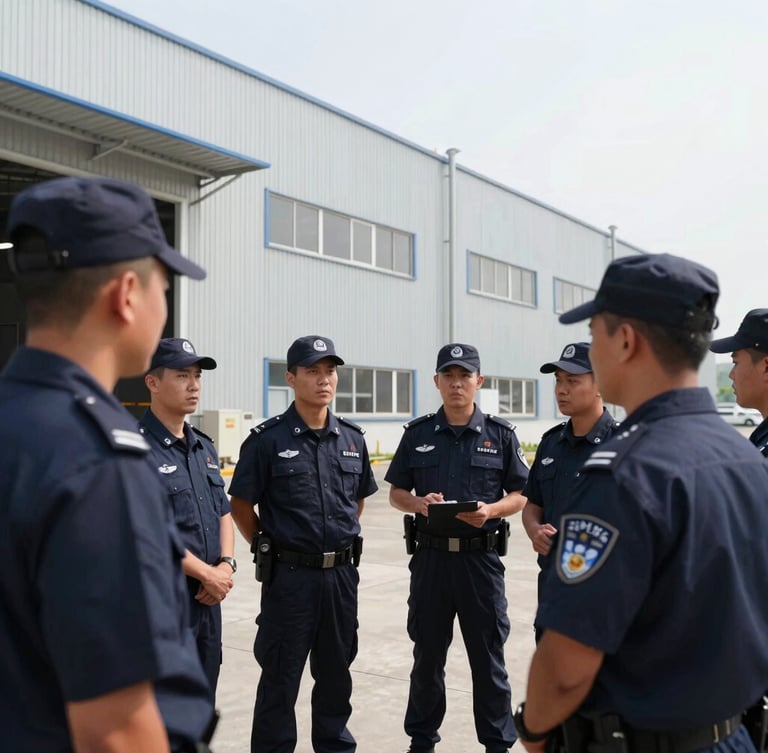 A structured morning shift briefing of security personnel in navy uniforms outside a modern factory warehouse, bright daylight, 35mm lens