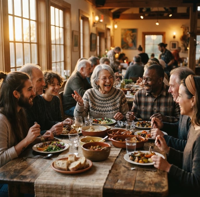 Candid medium shot of community members sharing a meal around a rustic wooden table, warm golden hour light filtering through windows, earthy tones, 35mm film feel