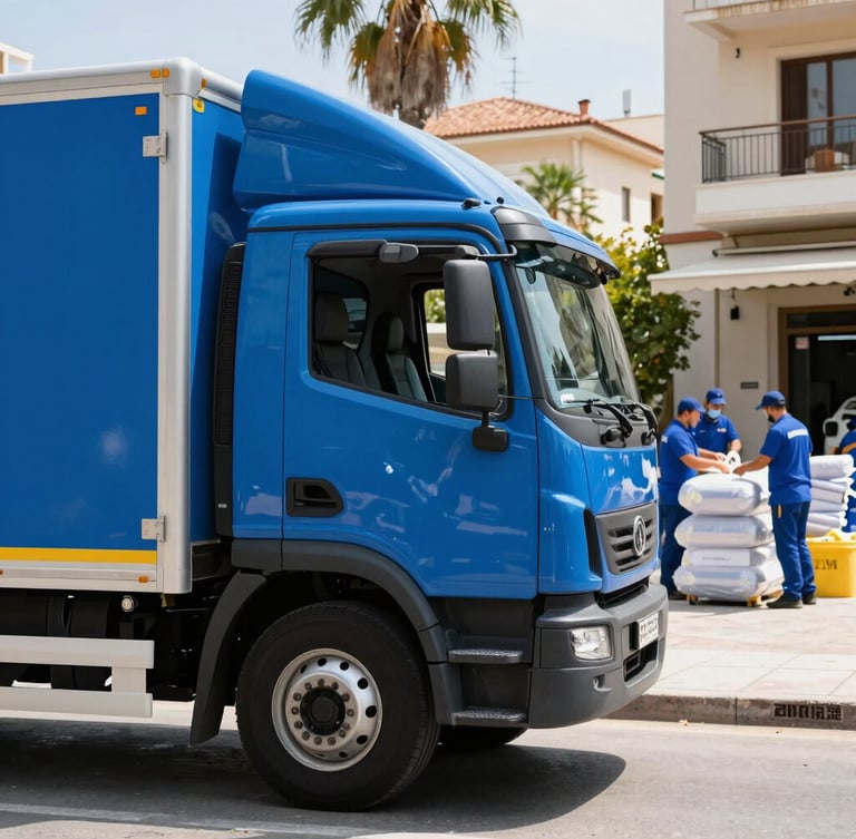 Profile of a modern blue moving truck parked on an Antalya street under bright Mediterranean daylight, professional crew members in matching uniforms preparing high-quality wrapping materials in the background, sharp focus, 35mm