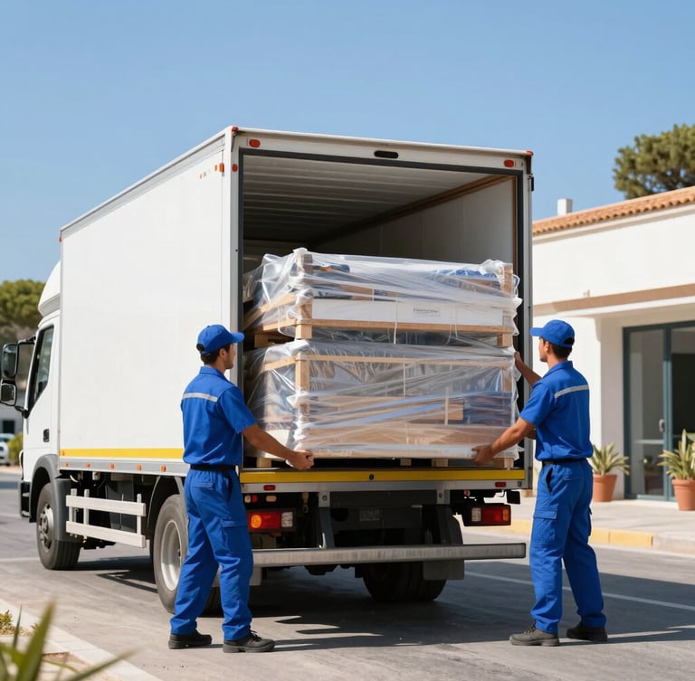 A professional moving team in matching blue uniforms carefully loading wrapped furniture into a modern truck, bright Mediterranean daylight