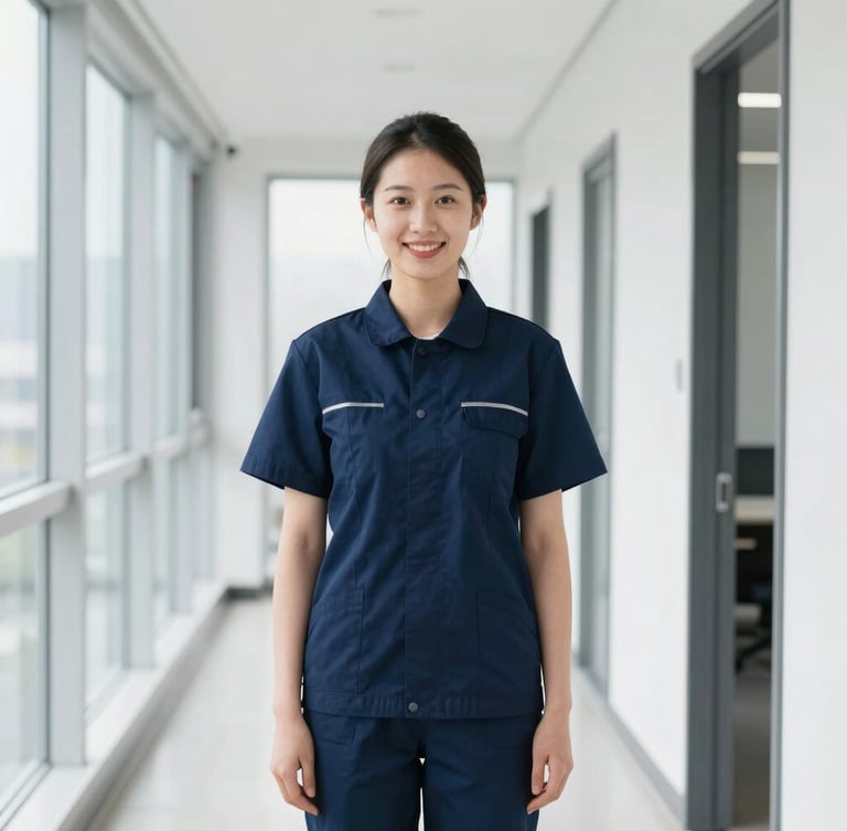 A friendly, professional commercial cleaning team member standing in a bright, clean office corridor, wearing a neat navy uniform, smiling, sharp focus