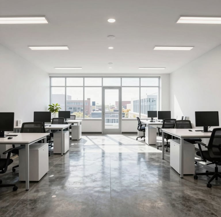 Wide-angle environmental commercial photography of a bright, clean modern office workspace in Saint Louis, natural window daylight reflecting off polished concrete floors, sharp focus.