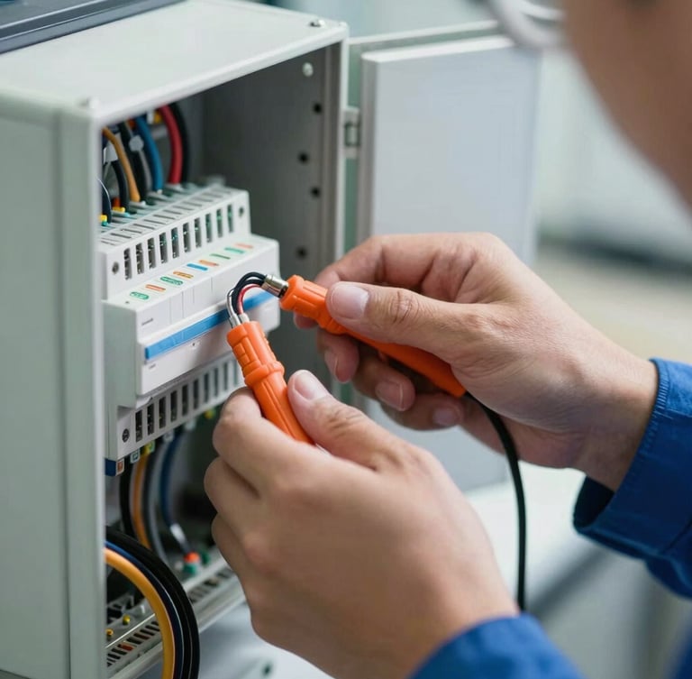Close-up of a professional technician's hands in a clean blue uniform, carefully wiring a modern electrical panel with orange insulated tools, bright natural light.