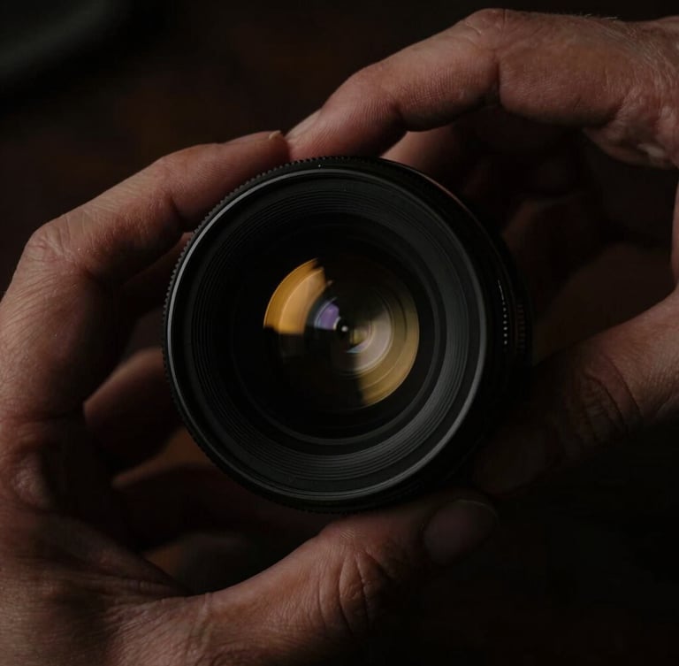 cinematic film photography, low-key dramatic chiaroscuro lighting, deep shadows, rich dark tones, anamorphic lens, 35mm. Extreme macro close-up of hands adjusting a vintage cinema lens, gold highlight reflections, rich textures