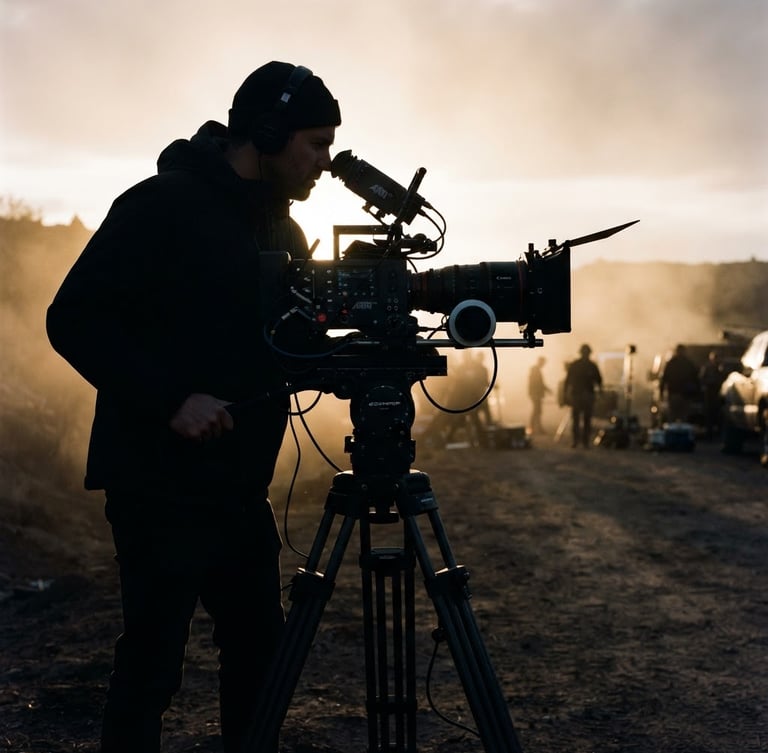 cinematic film photography, low-key dramatic chiaroscuro lighting, deep shadows, rich dark tones, anamorphic lens, 35mm. Dramatic silhouette of a film director behind a high-end cinema camera rig, golden hour backlight, haze