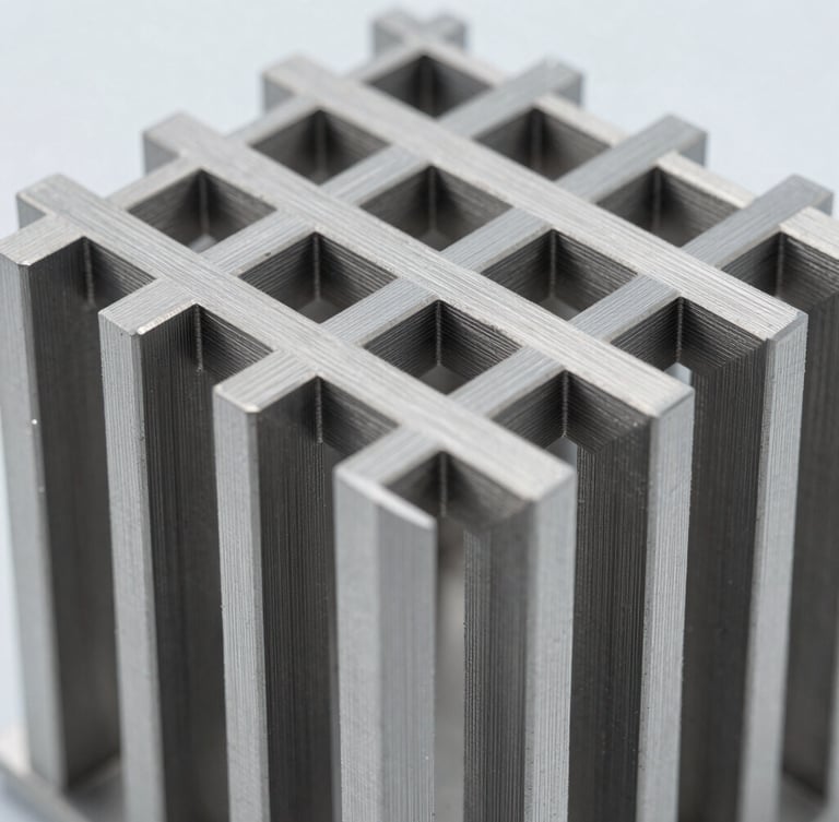 Macro close-up of a 3D-printed metal lattice structure, highly detailed titanium struts, clinical cleanroom lighting, cool metallic gray tones.