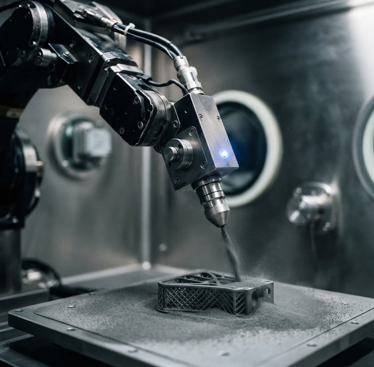 Clinical close-up of a robotic arm handling metal powder inside an inert gas chamber, sharp metallic reflections, cool blue indicator light, 35mm