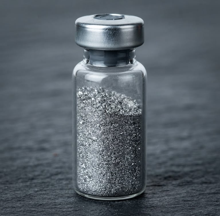 Macro studio photograph of high-purity titanium powder in a clinical glass vial, sharp metallic reflections, cool clinical lighting, slate background, 35mm