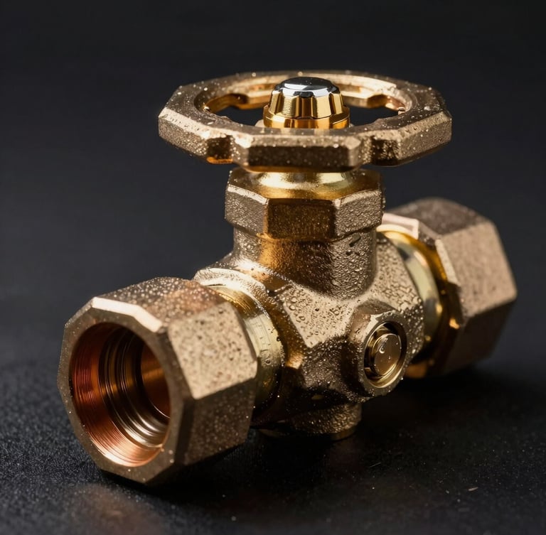 Macro shot of heavy-duty brass water valves and copper plumbing connections, glowing metallic sheen under dramatic side lighting, dark studio background.