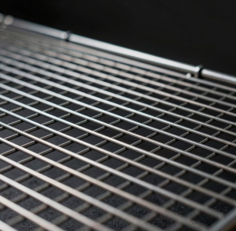 Close-up of industrial steel mesh grid, high-contrast side lighting highlighting the metallic sheen and clean geometric lines, dark studio background.