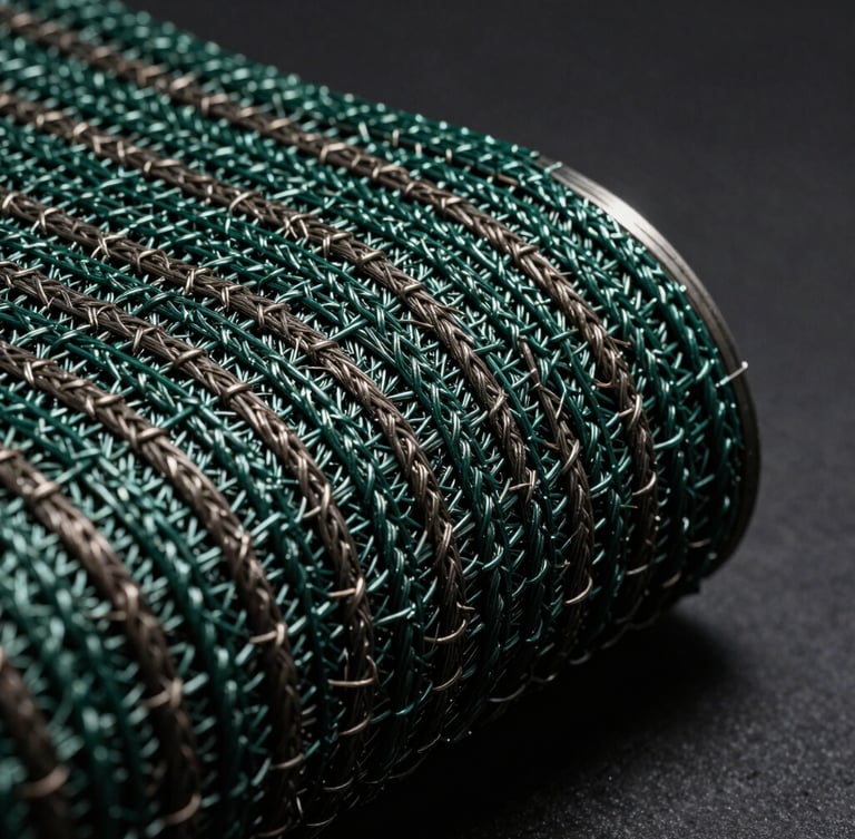 Macro product photography of heavy-duty green and brown shade net weave, sharp focus on the interlocking plastic fibers, dramatic side lighting highlighting texture, neutral dark studio background.
