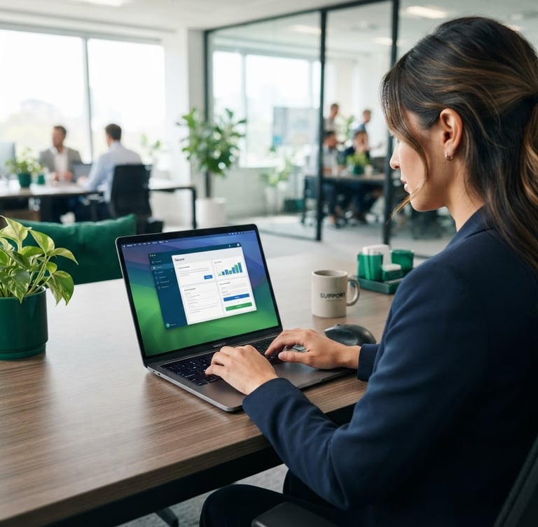 Over-the-shoulder shot of a professional support agent typing securely on a laptop, bright clean office daylight, emerald green accents, modern corporate style.