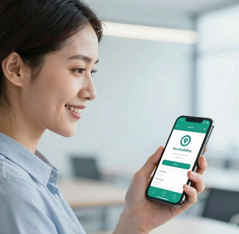 Portrait-oriented close-up of a smiling woman in her late 30s, looking confidently at her smartphone, which displays a secure billing interface. Bright, clean office lighting, blue and green tones, professional setting.