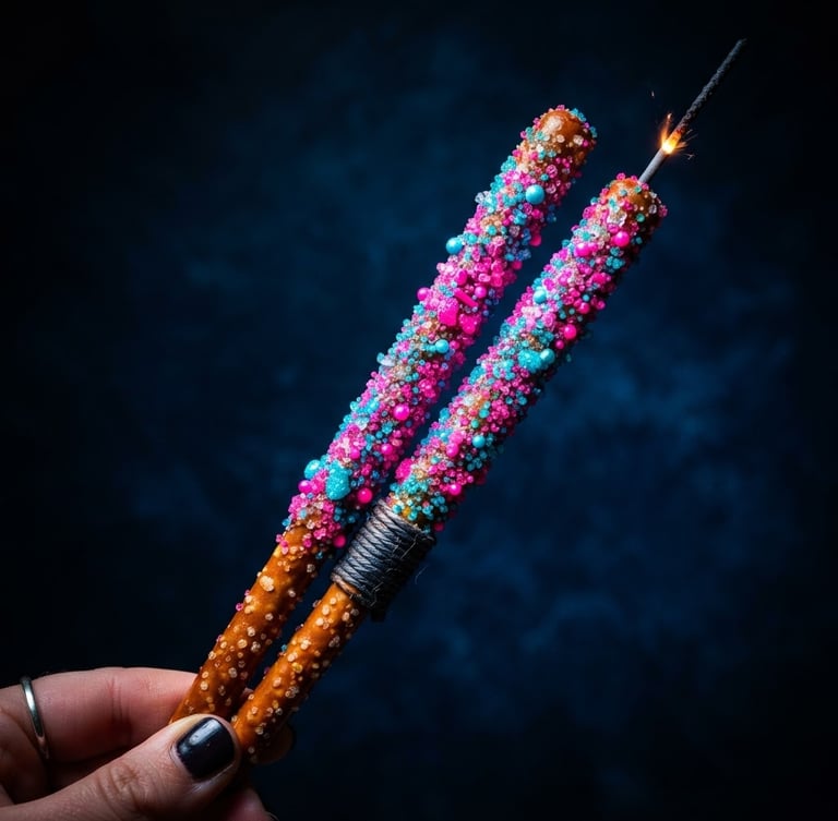 Macro close-up of vibrant neon pink and cyan decorated pretzel sparklers held diagonally like real sparklers against a deep midnight-blue background, dramatic high-contrast spotlighting