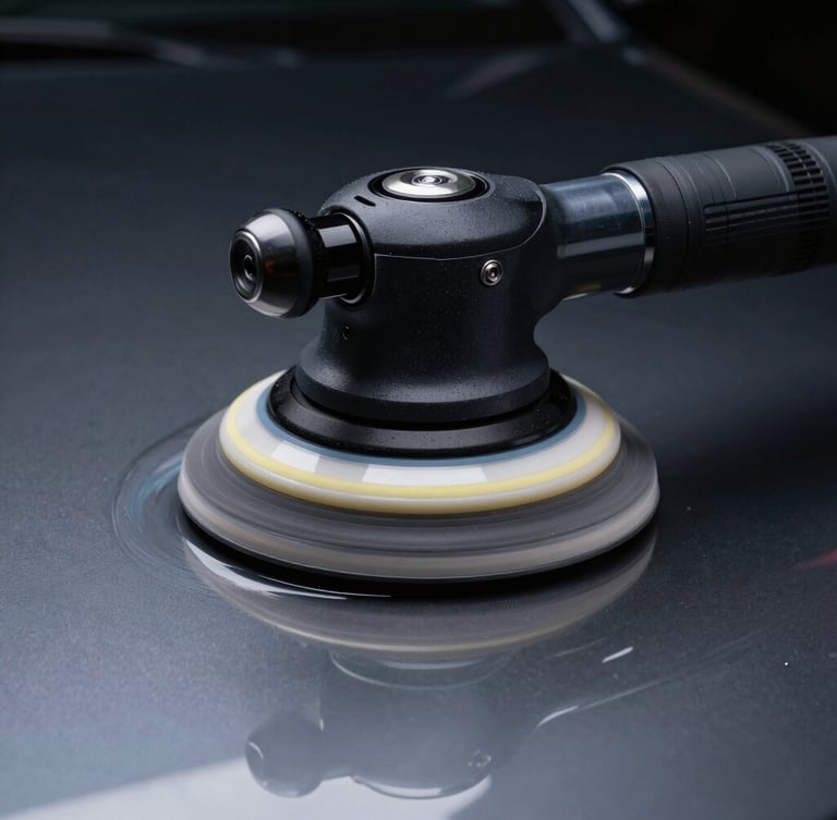 Macro close-up of a dual-action polisher on dark metallic paint, dual-spectrum LED lighting highlighting a perfect swirl-free correction line, sharp contrast, 35mm lens