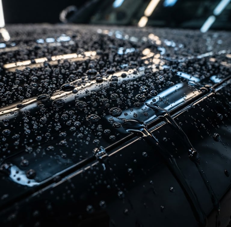 Extreme macro shot of water beading and sheeting off a freshly ceramic-coated dark vehicle hood, under dramatic LED detailing lights, high contrast, deep reflections, 35mm lens.