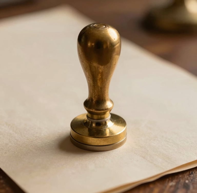 A close-up macro shot of a heavy brass notary stamp resting on thick parchment paper, warm desk lamp lighting, shallow depth of field.