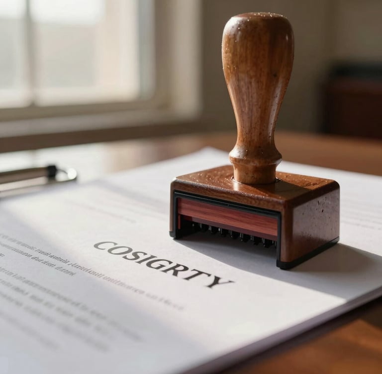 Macro close-up of an official notary stamp touching a high-quality stamp paper under warm window light in a professional legal office.
