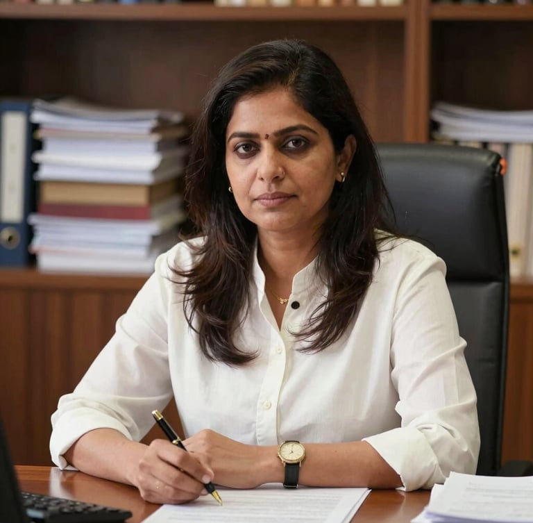 A professional portrait of Advocate Kinjal C. Patel in her Surat office, warm desk lighting, physical files and a fountain pen on parchment paper in the background, authoritative and approachable pose.