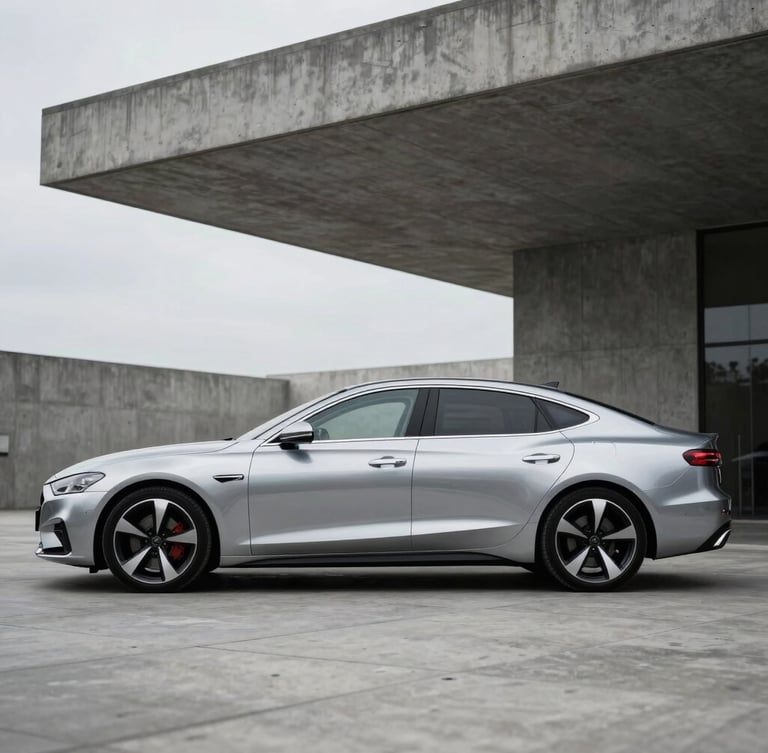 Sleek metallic silver executive sedan parked in front of a concrete minimalist architectural pavilion, overcast daylight, sharp reflections, shallow depth of field, 35mm