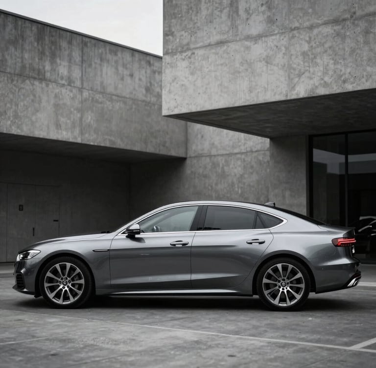 Sleek metallic grey executive sedan parked in front of minimalist concrete architecture, overcast daylight, sharp reflections, high contrast, 35mm photography