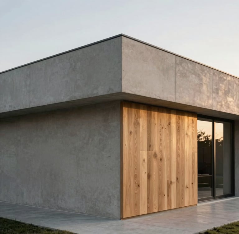 Interior corner of a modern residence showing precise material transitions between polished concrete and raw oak, soft golden hour window light, architectural photography