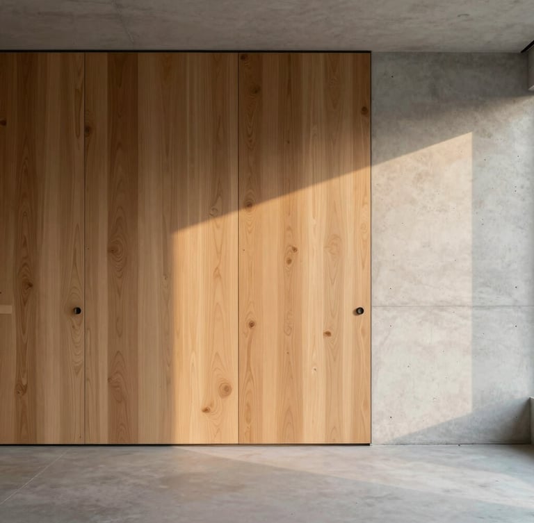 Vista frontal de la fachada arquitectónica de una sala de estar minimalista